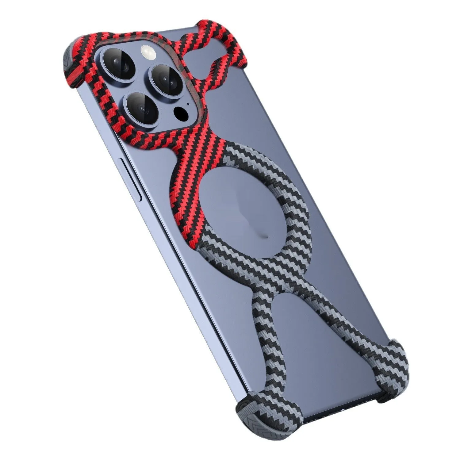 Carbon fibre grain magnetic phone case for iPhone with frameless hollow back and electroplated finish