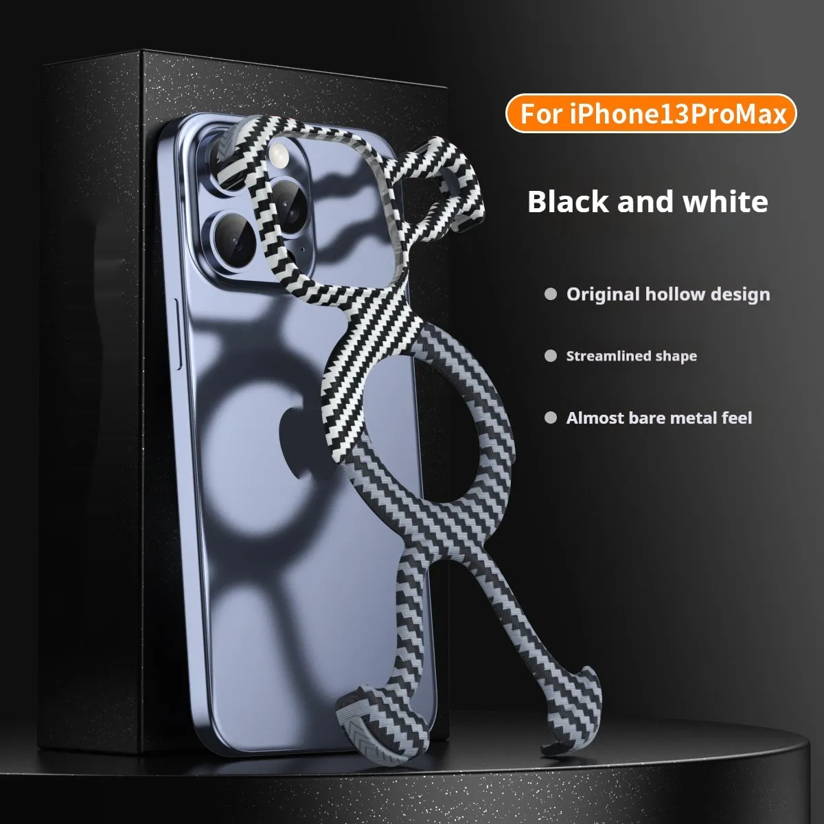 Carbon fibre grain magnetic phone case for iPhone with frameless hollow back and electroplated finish