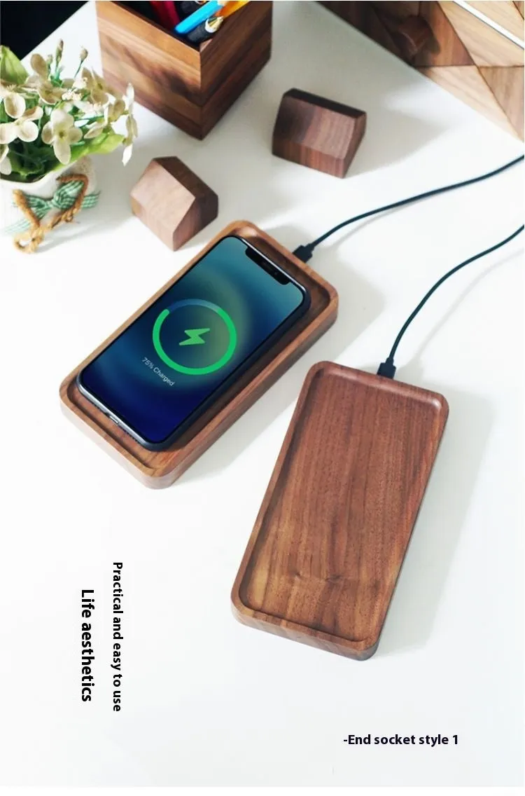 Natural black walnut wood tray 15W wireless fast charger with end outlet cable