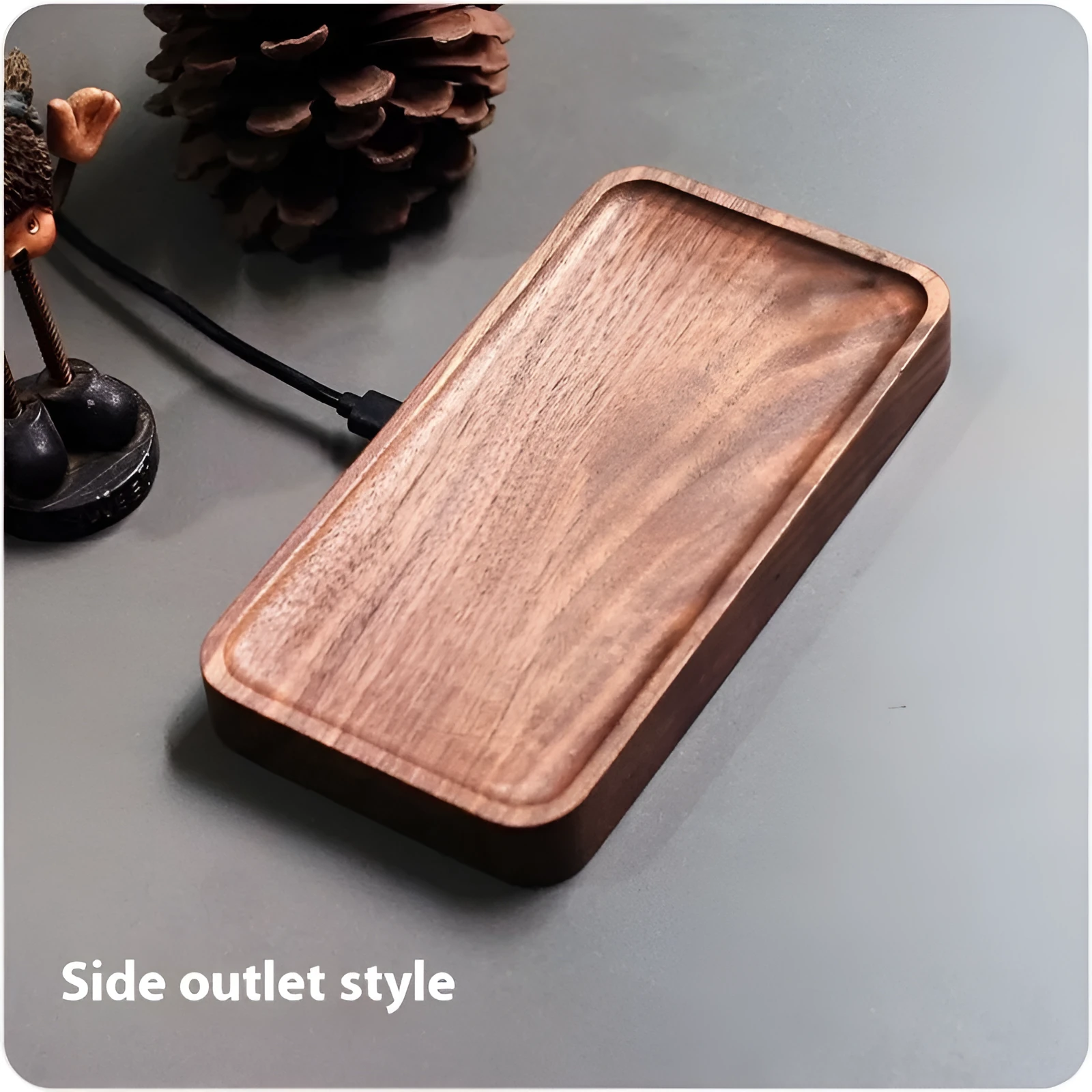 Natural black walnut wood tray 15W wireless fast charger with end outlet cable