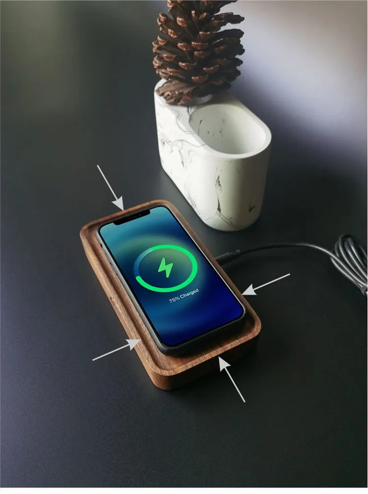 Natural black walnut wood tray 15W wireless fast charger with end outlet cable