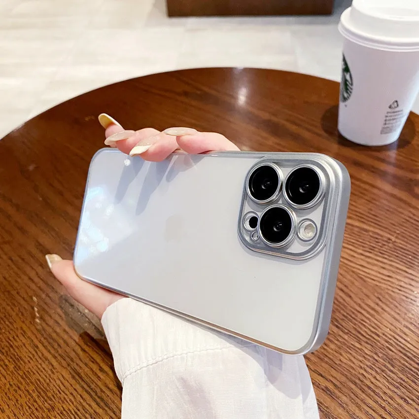 Electroplated frosted edge PC phone case in original machine gray for iPhone, showing all-inclusive back and side coverage