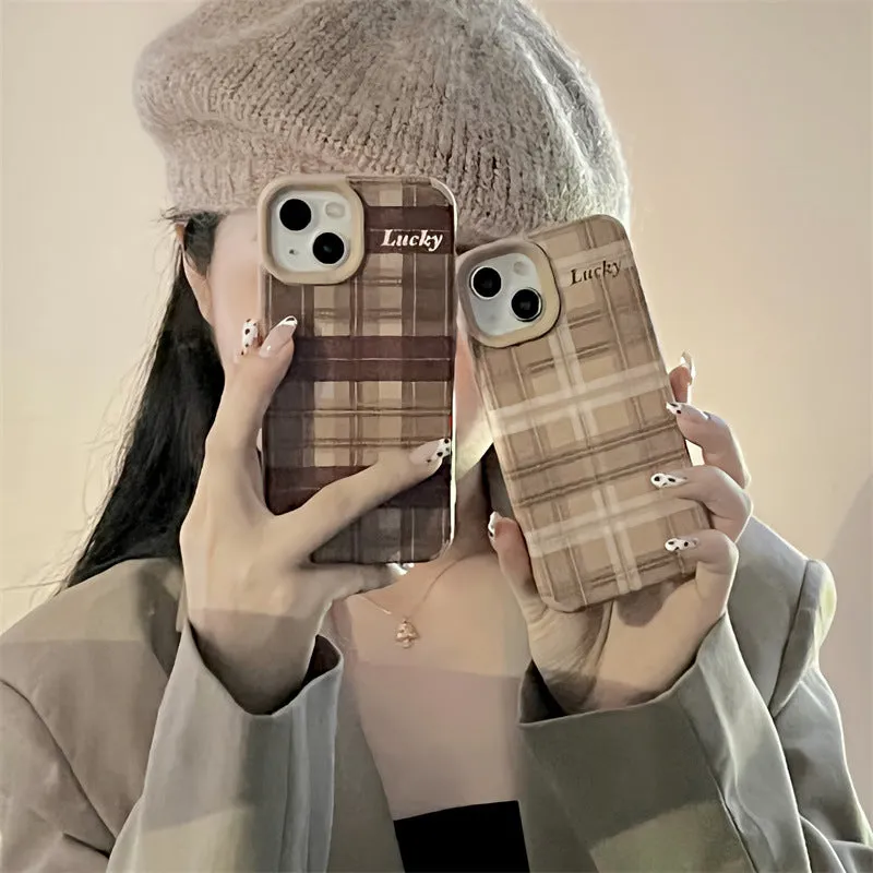 Light Coffee Plaid Lucky silicone phone case for iPhone 14 with embossed letter pattern and all-inclusive coverage