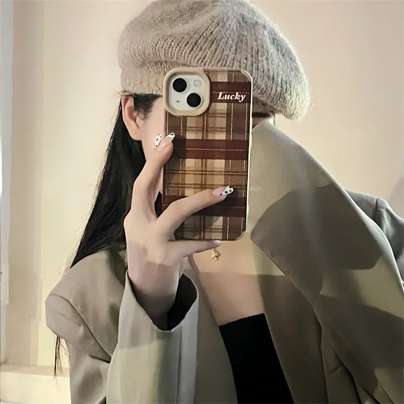 Light Coffee Plaid Lucky silicone phone case for iPhone 14 with embossed letter pattern and all-inclusive coverage