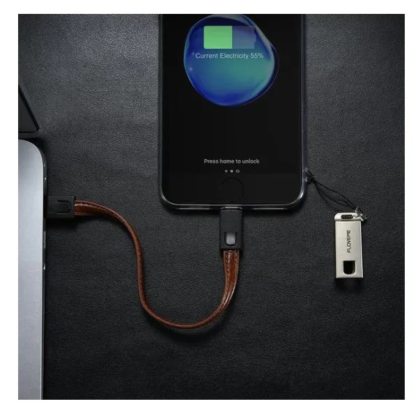 20cm leather USB-C to Lightning charging cable for iPhone in black, brown, or red colours