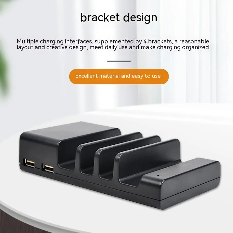Black plastic Smart universal phone desktop fast charger with USB interface on white background