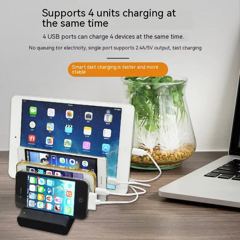 Black plastic Smart universal phone desktop fast charger with USB interface on white background