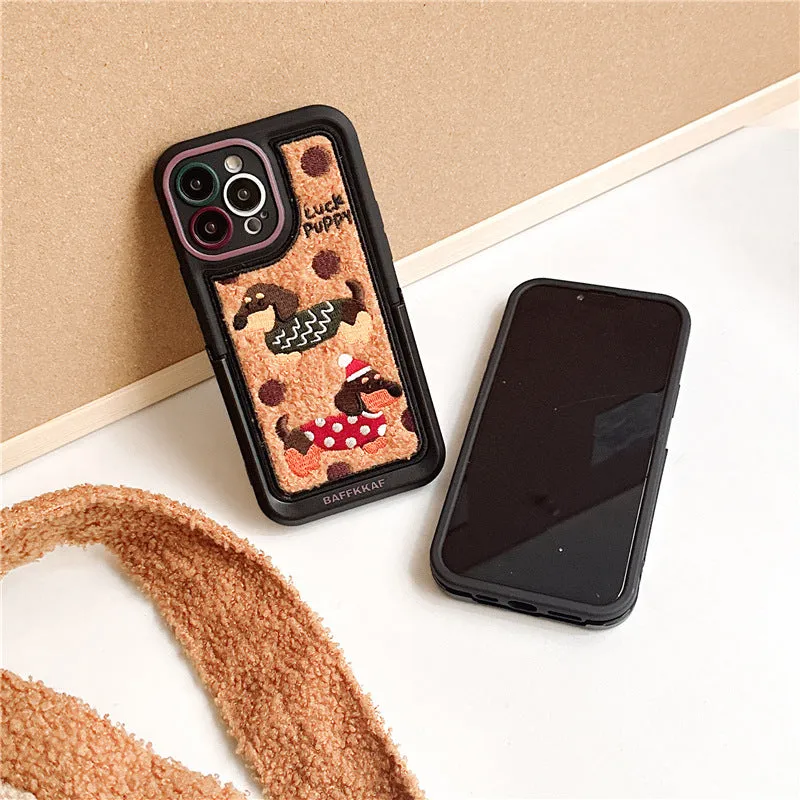 Sausage dog cartoon TPU phone case with brown bottom and sweater embroidery for iPhone