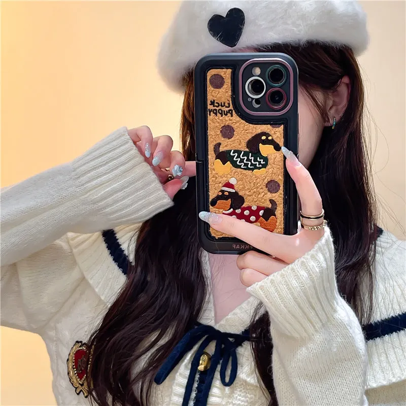 Sausage dog cartoon TPU phone case with brown bottom and sweater embroidery for iPhone