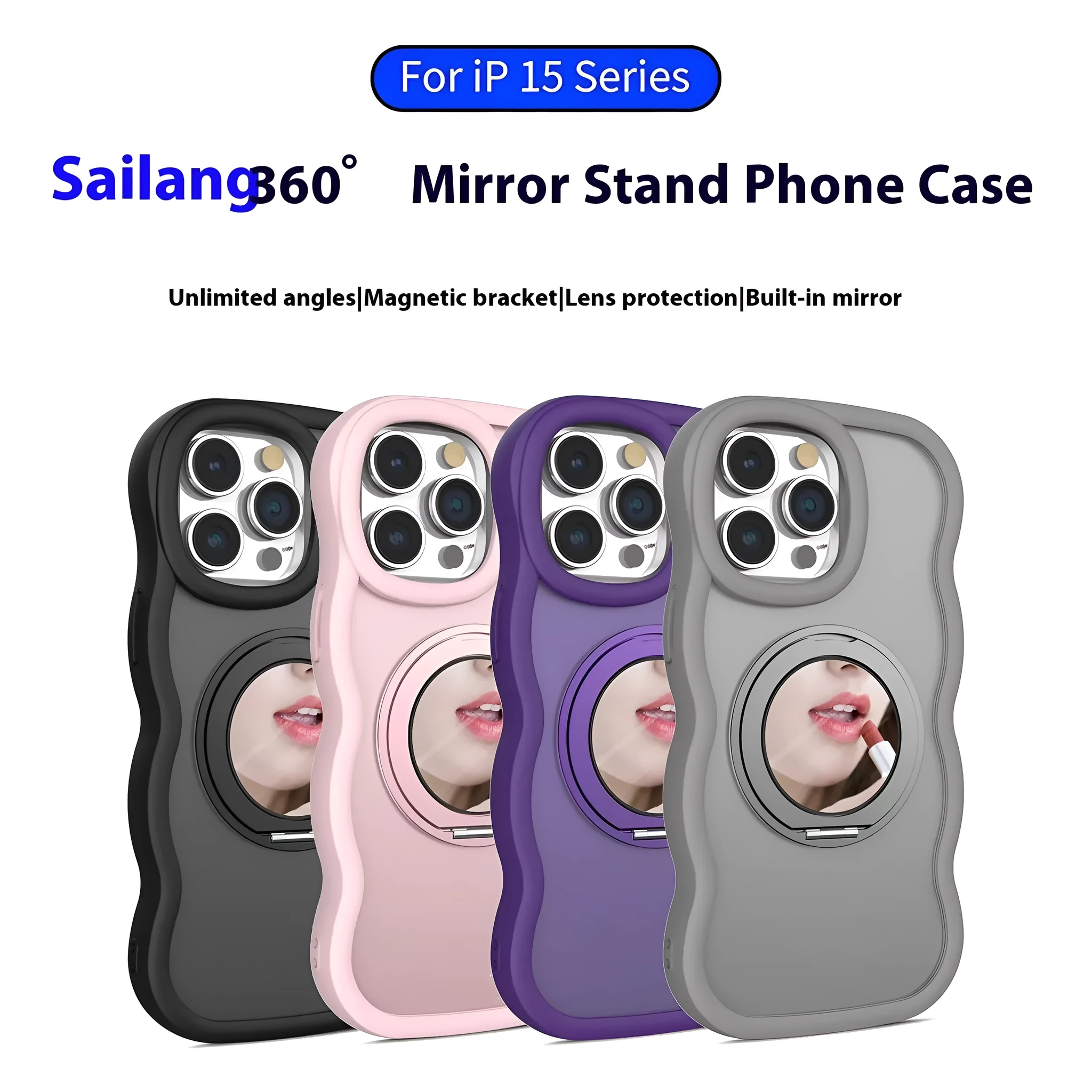 Dirt-resistant magnetic phone case with mirror and bracket in black for iPhone