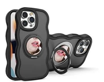 Dirt-resistant magnetic phone case with mirror and bracket in black for iPhone