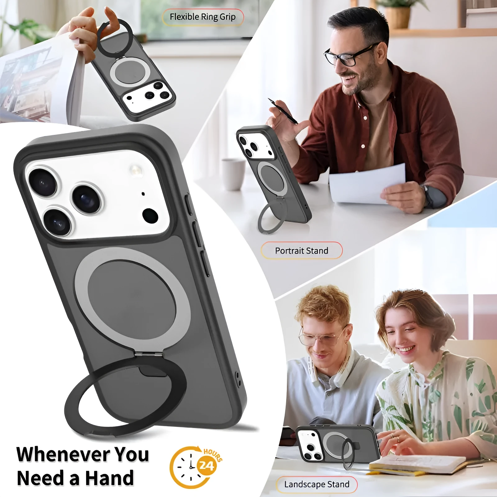 Magnetic drop-resistant phone case for iPhone 17 series with invisible bracket, black colour, TPU PC material