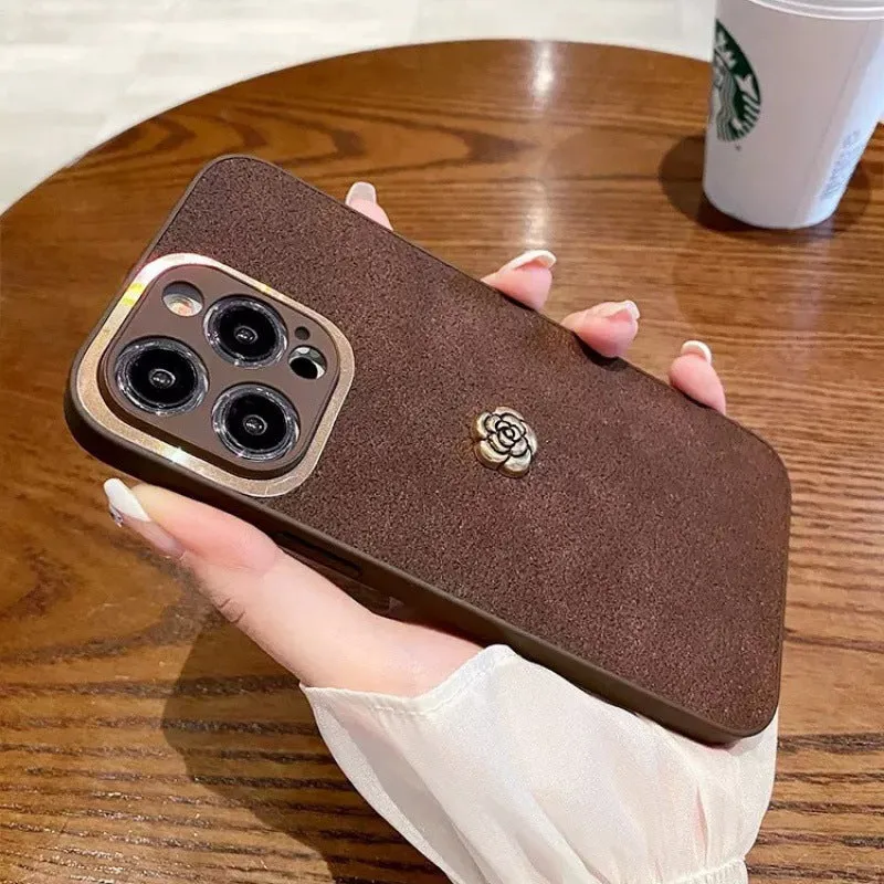 Brown frosted PC silicone phone case with camellia design for iPhone 11 to 15 series