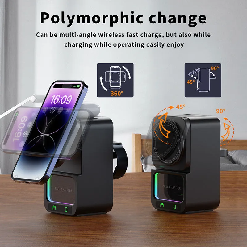 White and black 5-in-1 Bluetooth speaker wireless charger with digital clock display.