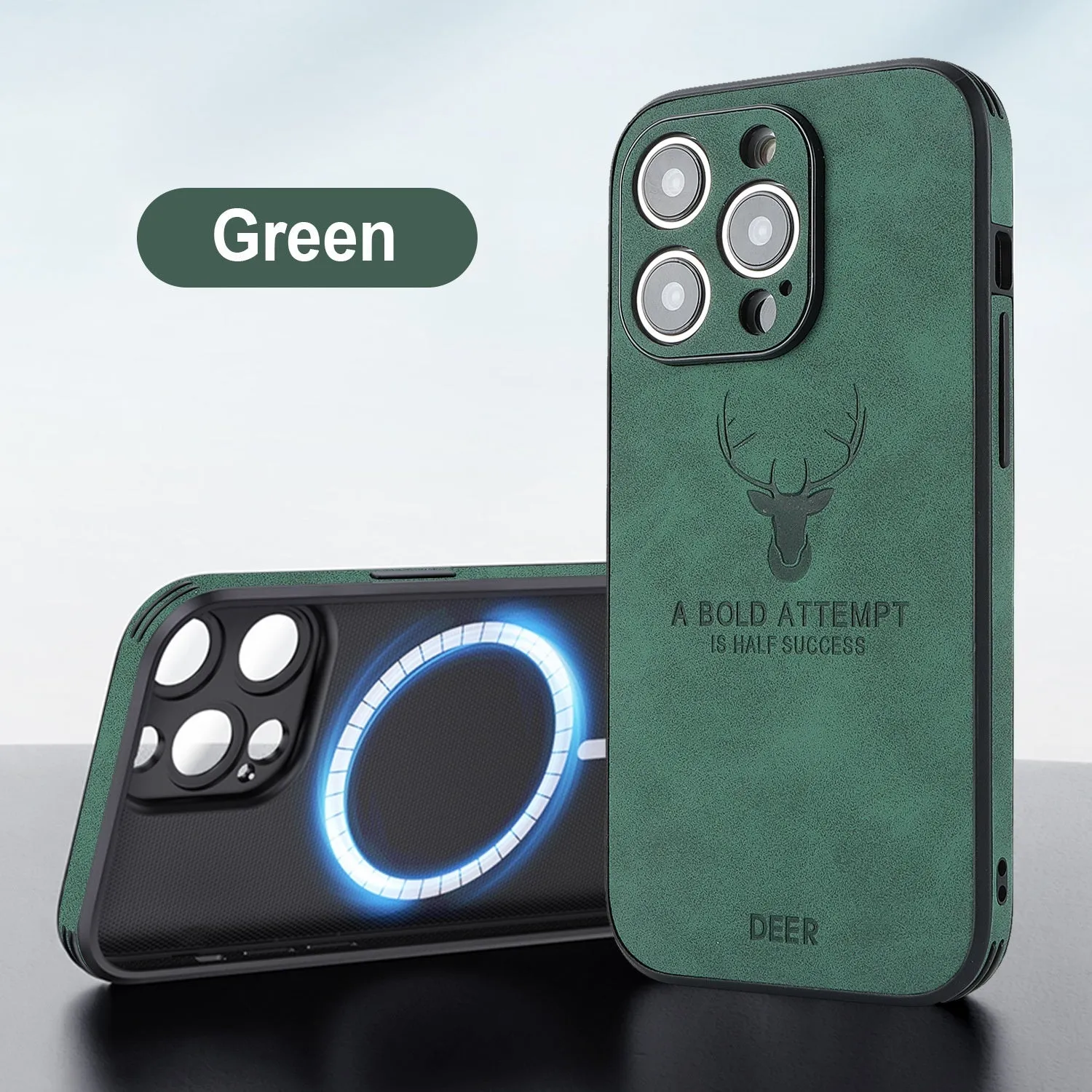 iPhone 16 magnetic charging case with embossed moose head design in imitation leather, shown in multiple colours.