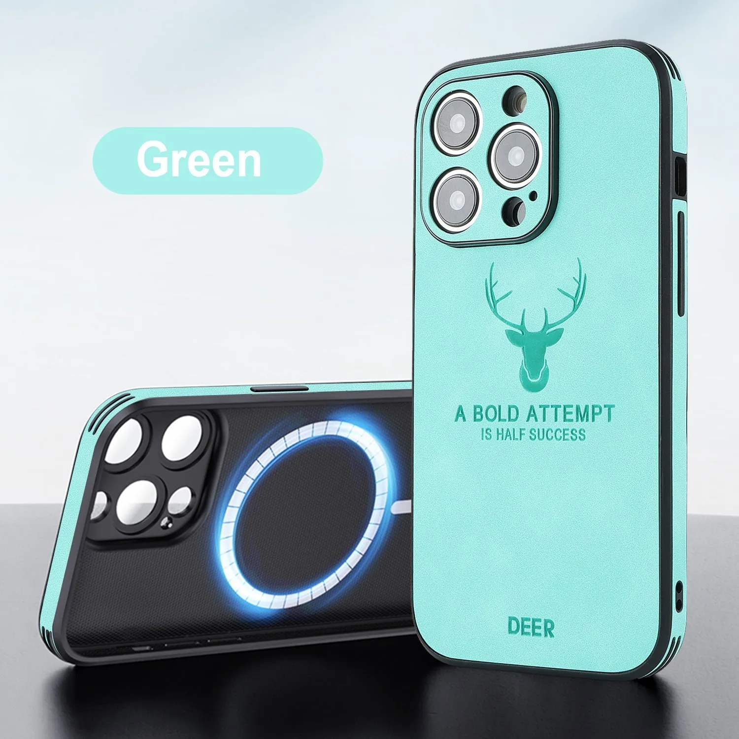 iPhone 16 magnetic charging case with embossed moose head design in imitation leather, shown in multiple colours.