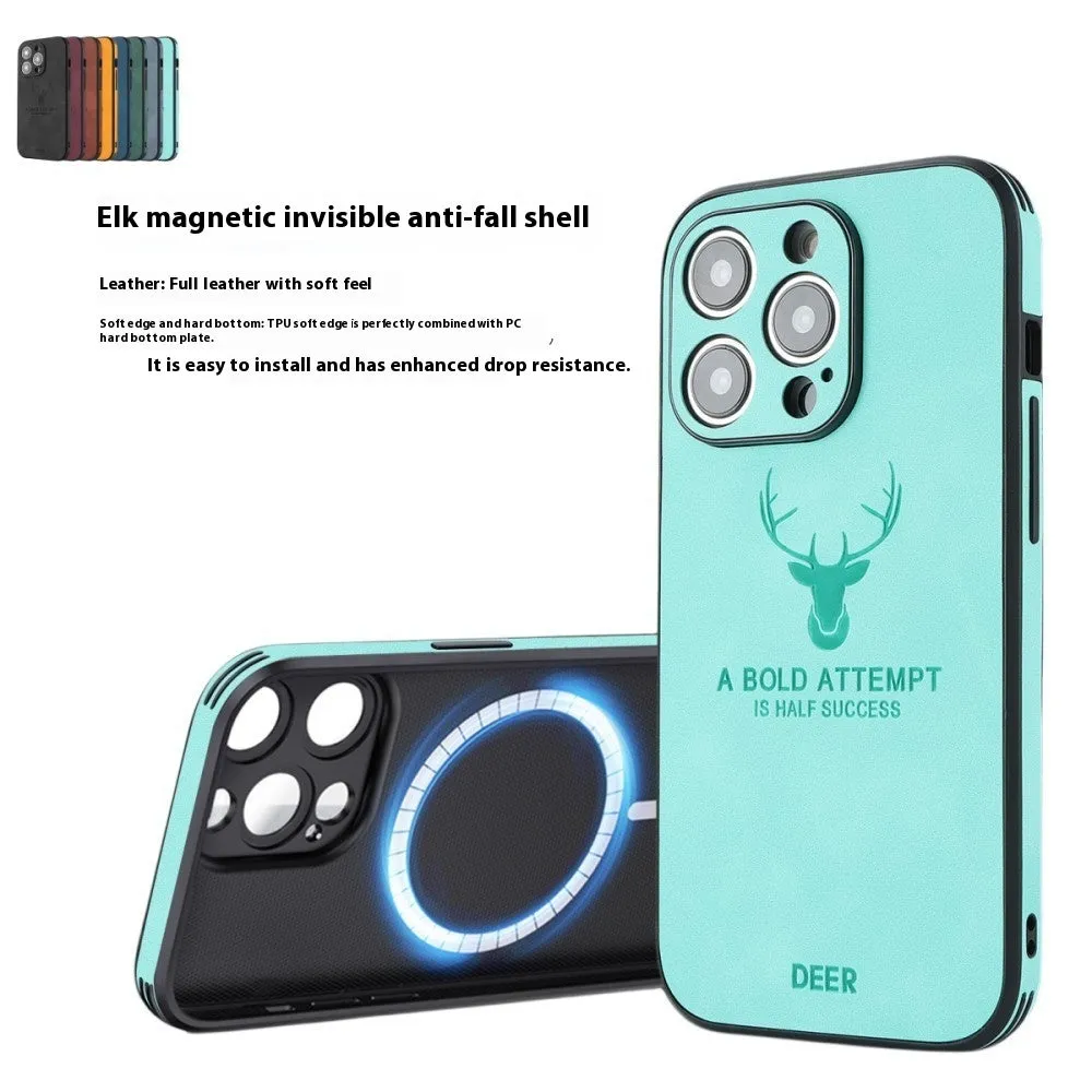 iPhone 16 magnetic charging case with embossed moose head design in imitation leather, shown in multiple colours.