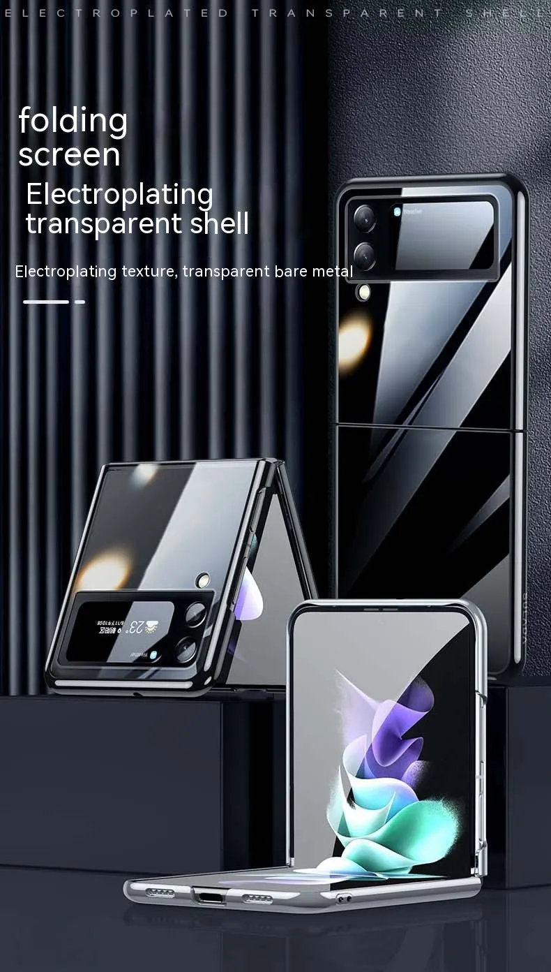 Hard PC transparent electroplating back cover phone case for Samsung Z Flip 3 5G, Z Flip 4, and W23 Flip in black, blue, and silver