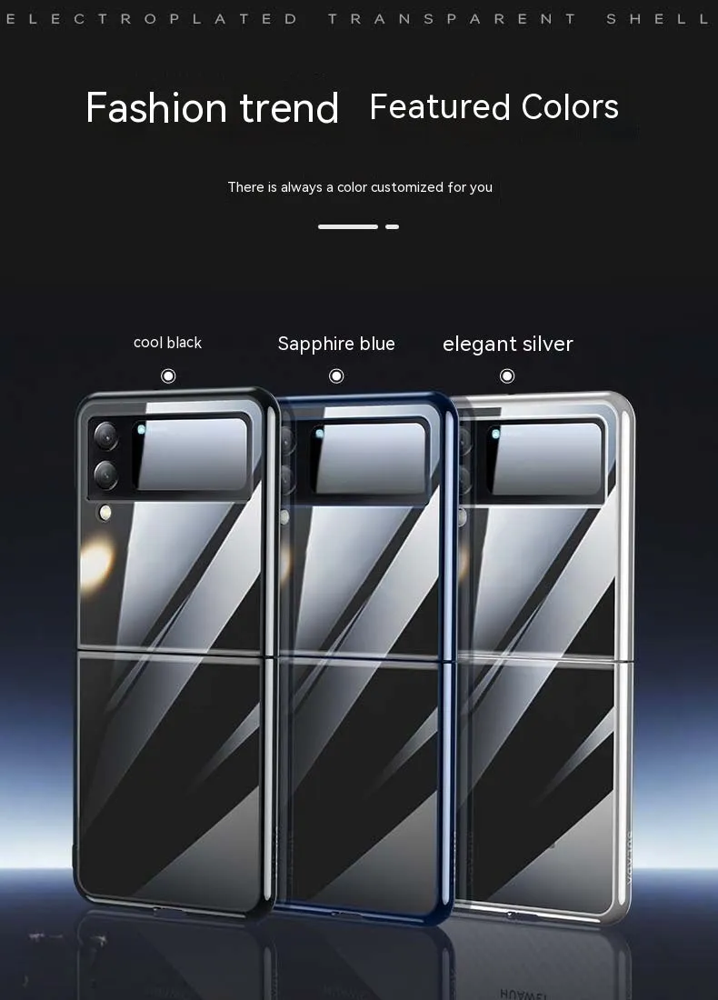 Hard PC transparent electroplating back cover phone case for Samsung Z Flip 3 5G, Z Flip 4, and W23 Flip in black, blue, and silver