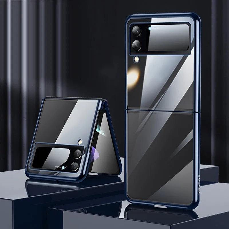 Hard PC transparent electroplating back cover phone case for Samsung Z Flip 3 5G, Z Flip 4, and W23 Flip in black, blue, and silver