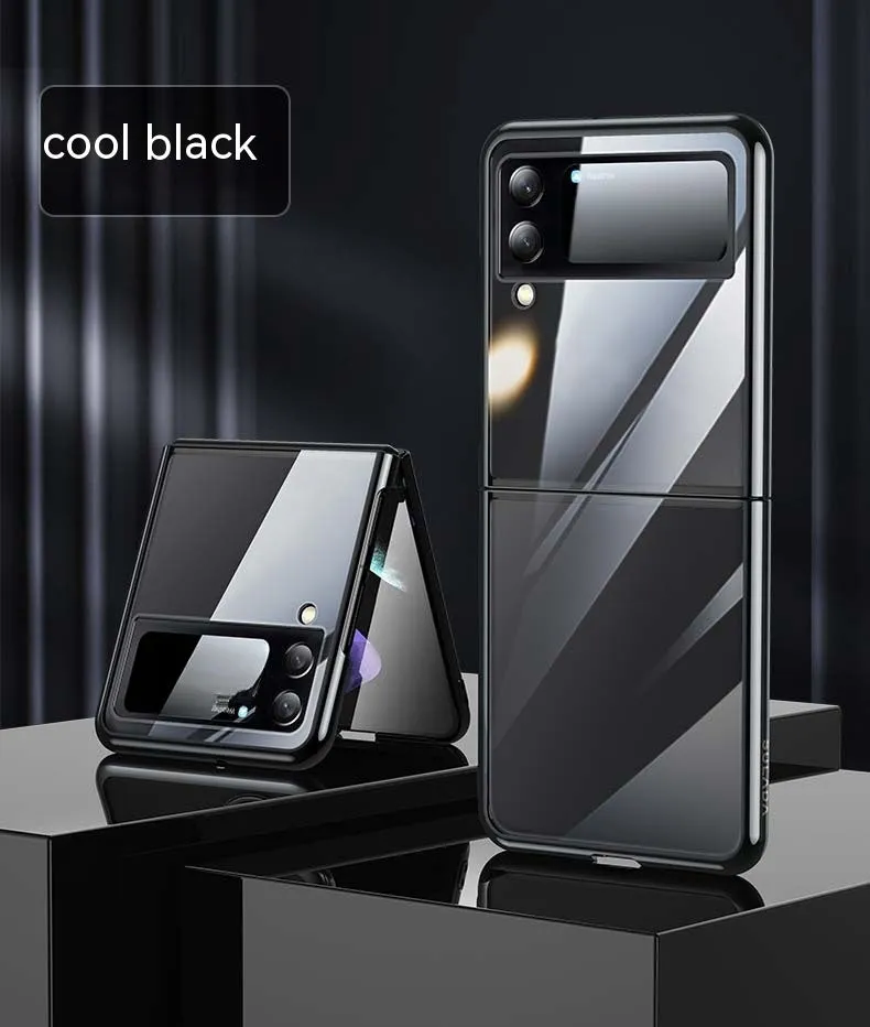 Hard PC transparent electroplating back cover phone case for Samsung Z Flip 3 5G, Z Flip 4, and W23 Flip in black, blue, and silver