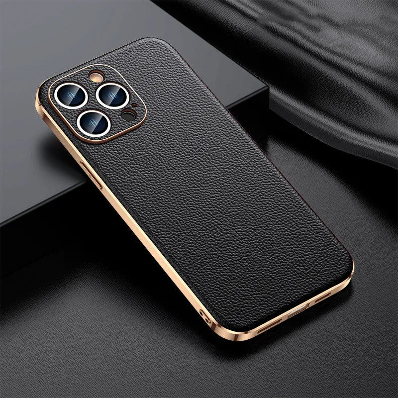 Genuine leather back cover for iPhone 13 in Elegant Black with camera cutout