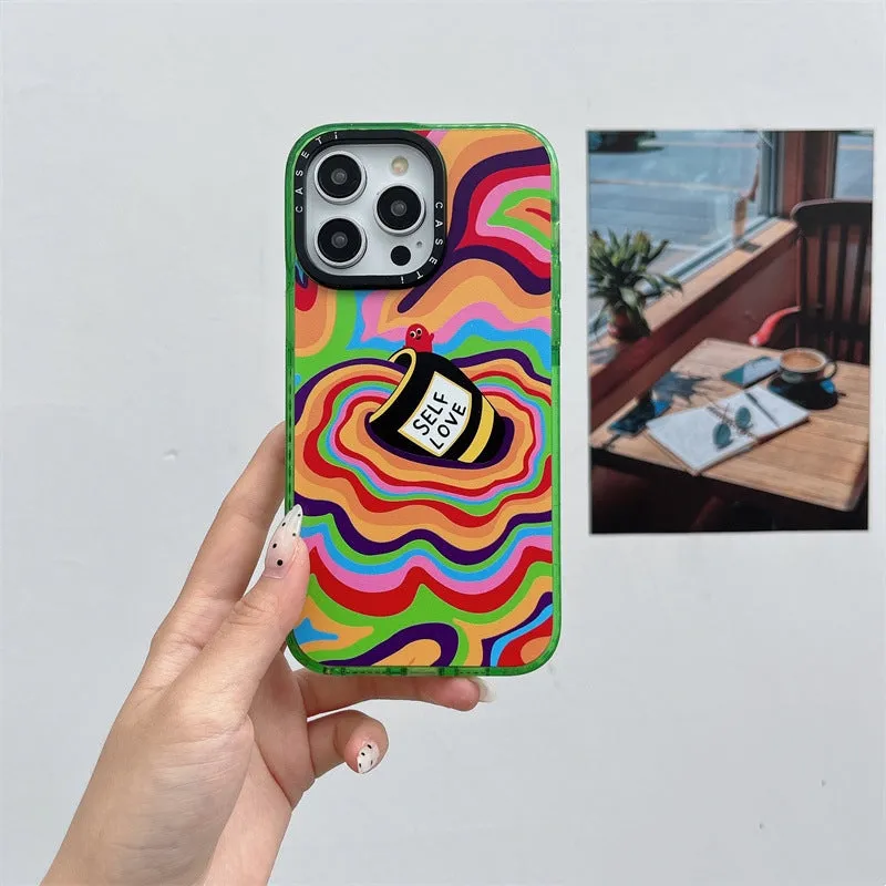 Green Love Yourself More glitter acrylic hard phone case for Apple iPhone models 11 to 15 Pro Max