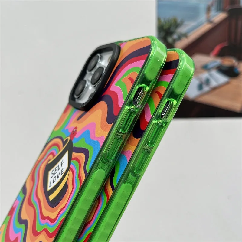 Green Love Yourself More glitter acrylic hard phone case for Apple iPhone models 11 to 15 Pro Max