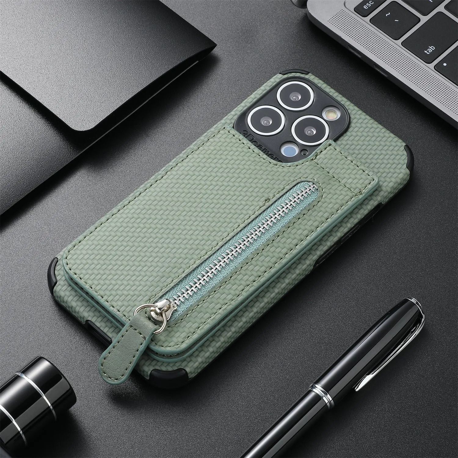 Black zipper TPU leather phone case wallet with card holder and kickstand bracket for iPhone
