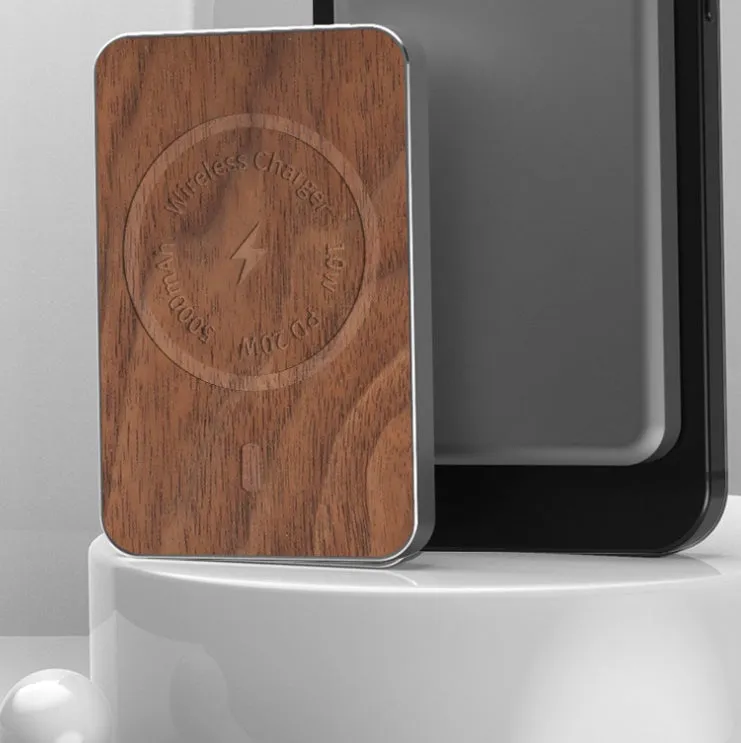 Khaki magnetic wireless charging bank with 5000mAh capacity and USB port
