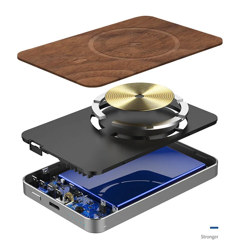 Khaki magnetic wireless charging bank with 5000mAh capacity and USB port