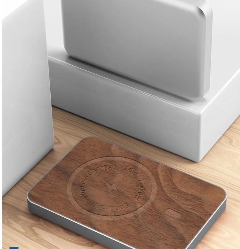 Khaki magnetic wireless charging bank with 5000mAh capacity and USB port