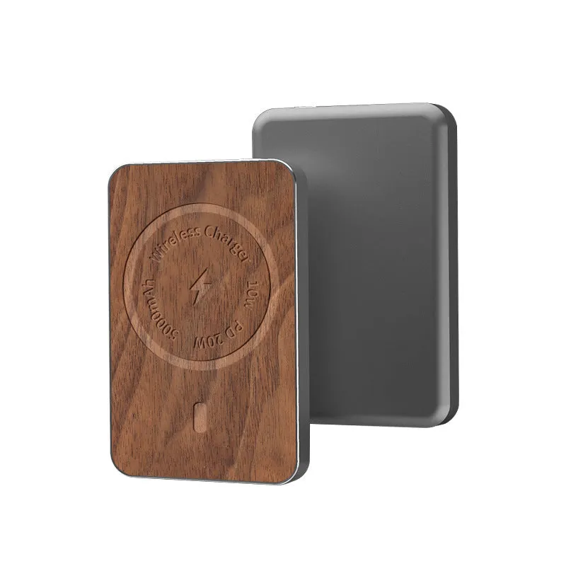 Khaki magnetic wireless charging bank with 5000mAh capacity and USB port