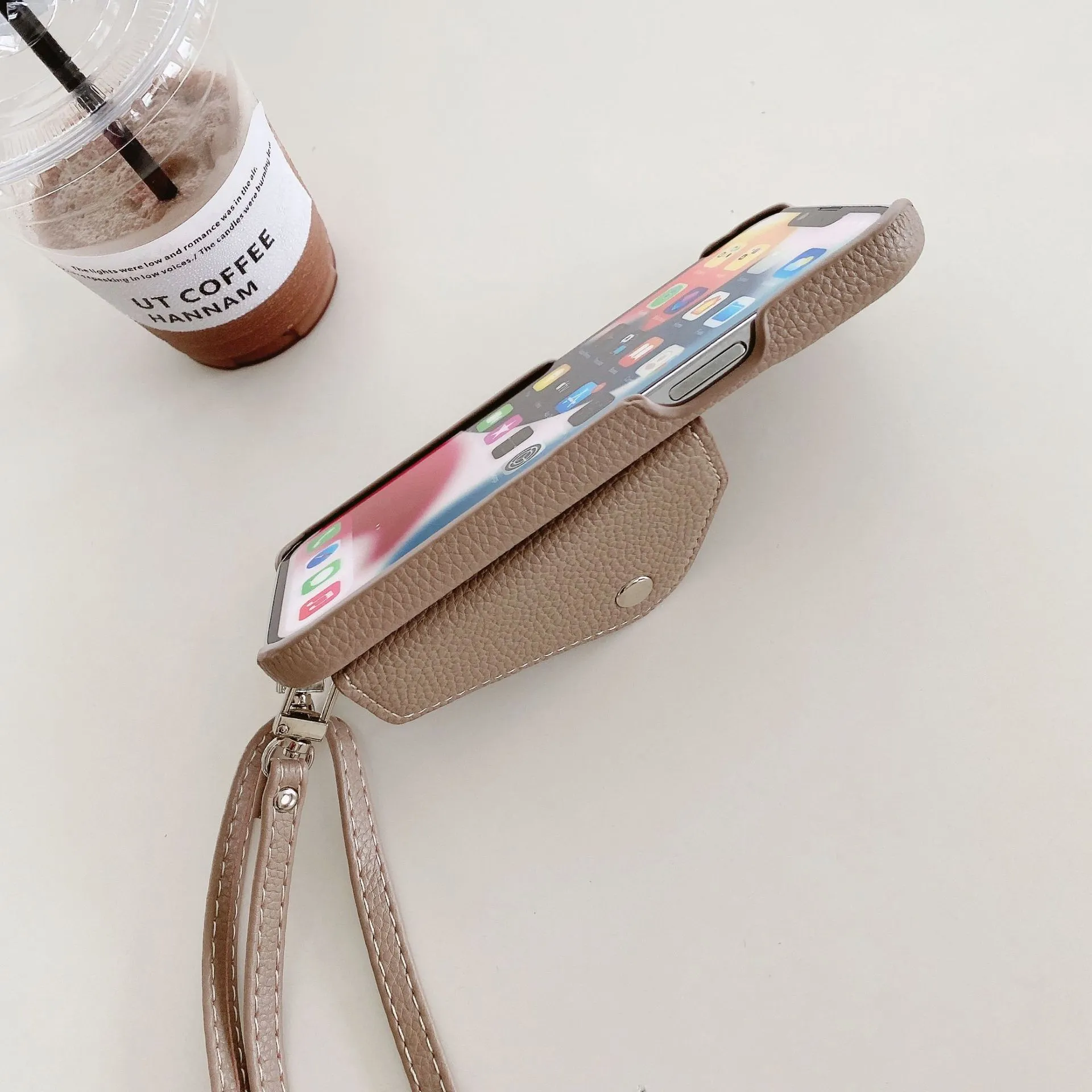 PC leather phone case with card holder and crossbody lanyard for iPhone, lychee pattern texture, black colour