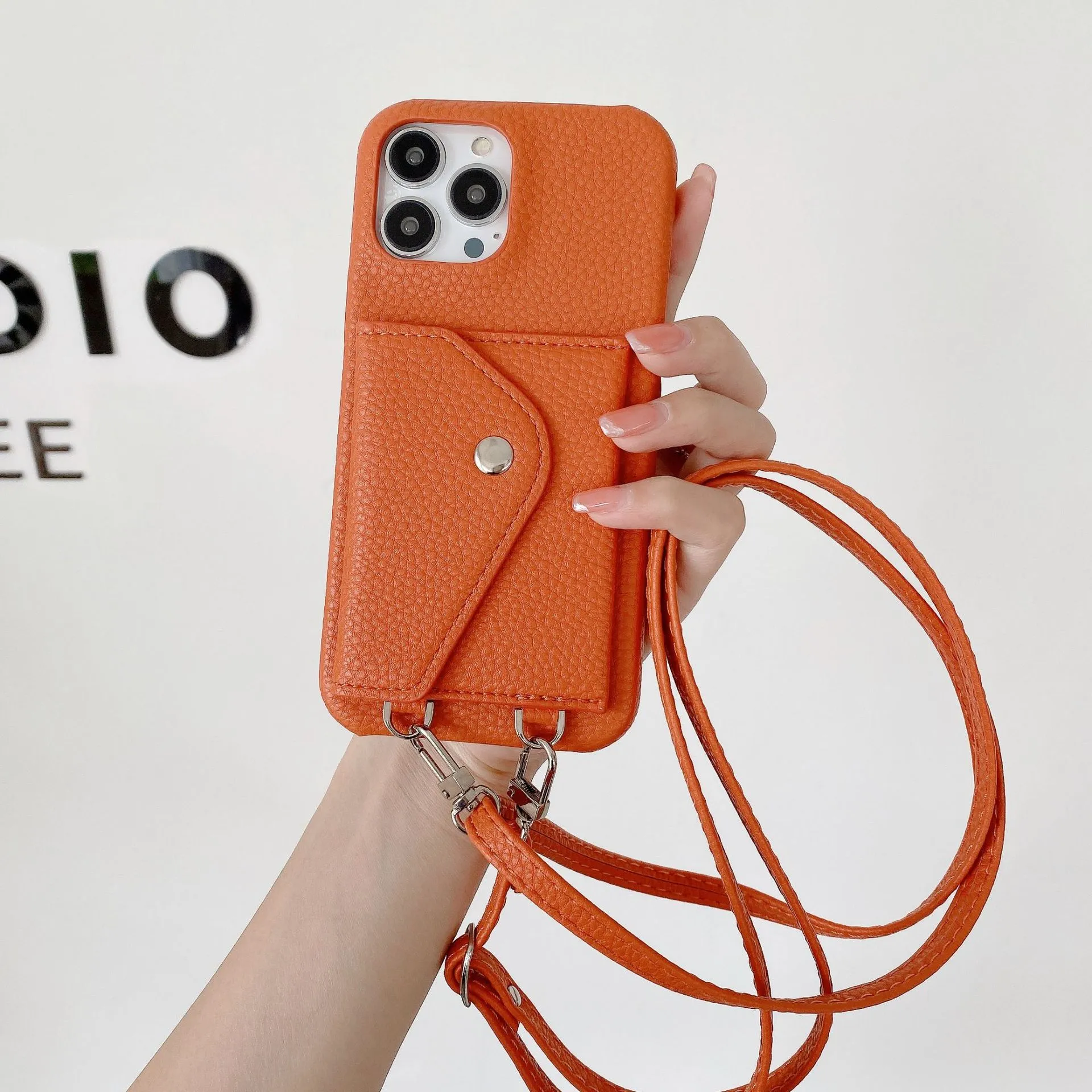 PC leather phone case with card holder and crossbody lanyard for iPhone, lychee pattern texture, black colour