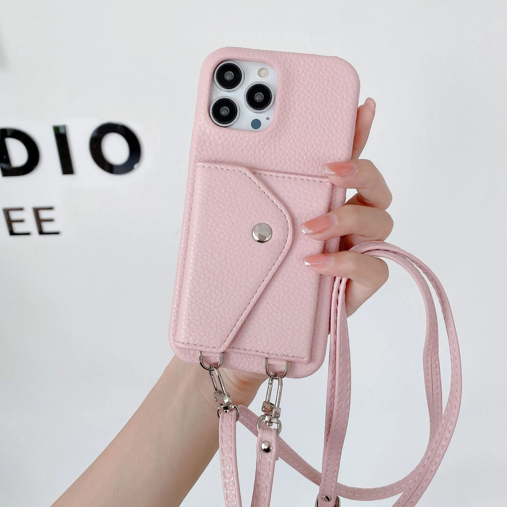 PC leather phone case with card holder and crossbody lanyard for iPhone, lychee pattern texture, black colour