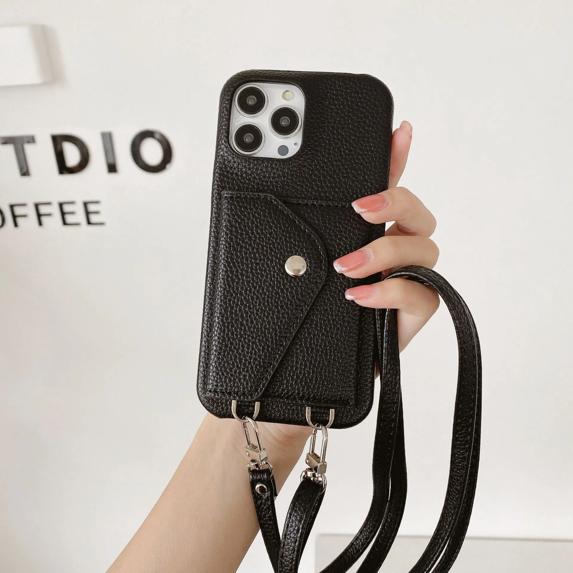 PC leather phone case with card holder and crossbody lanyard for iPhone, lychee pattern texture, black colour