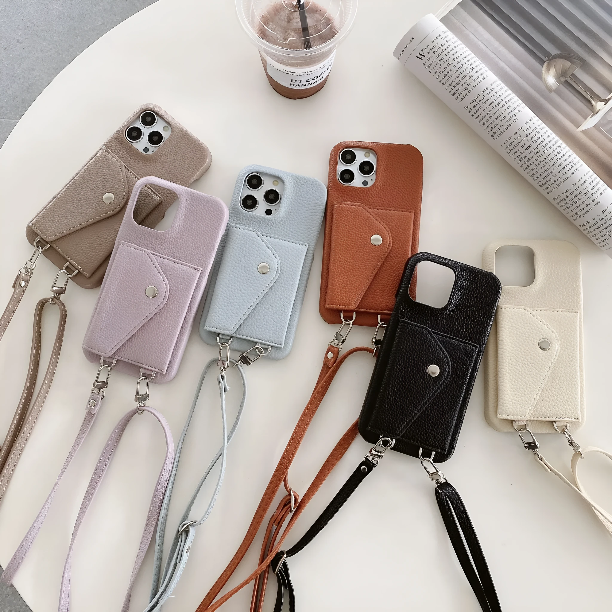 PC leather phone case with card holder and crossbody lanyard for iPhone, lychee pattern texture, black colour