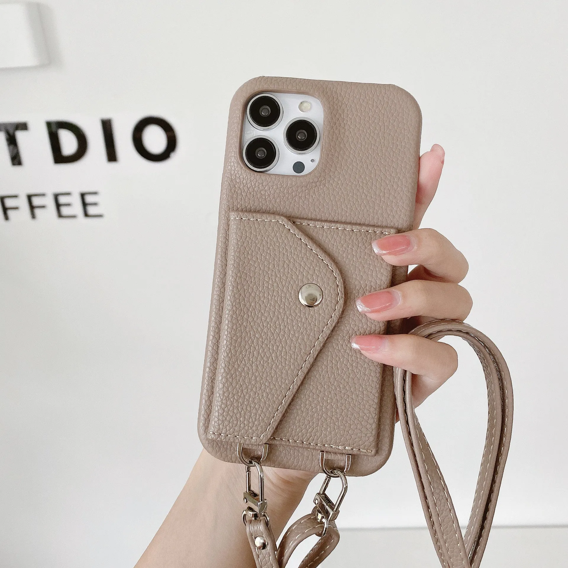 PC leather phone case with card holder and crossbody lanyard for iPhone, lychee pattern texture, black colour