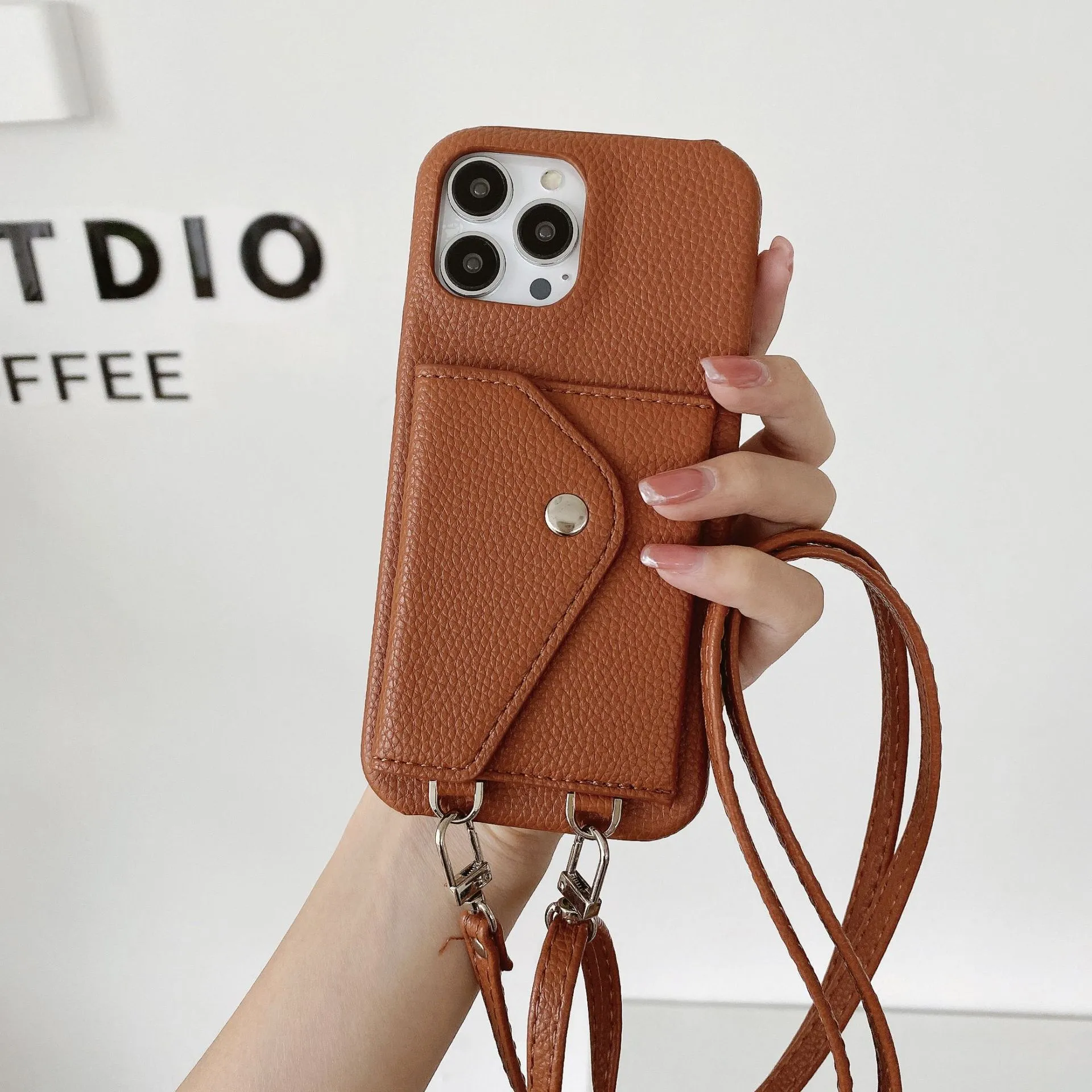 PC leather phone case with card holder and crossbody lanyard for iPhone, lychee pattern texture, black colour