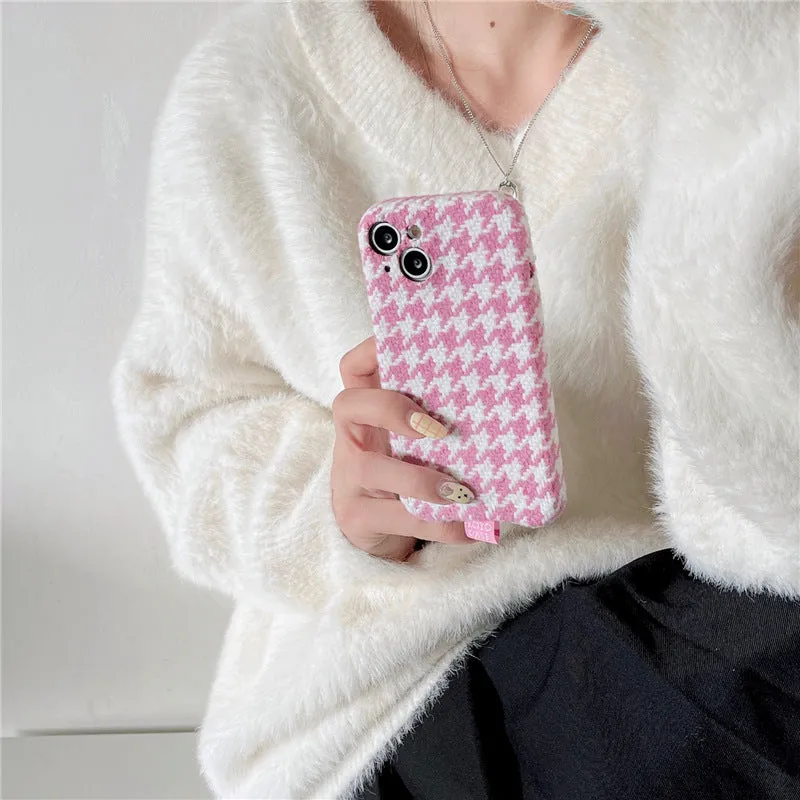 Pink houndstooth patterned TPU drop-resistant phone case for iPhone models