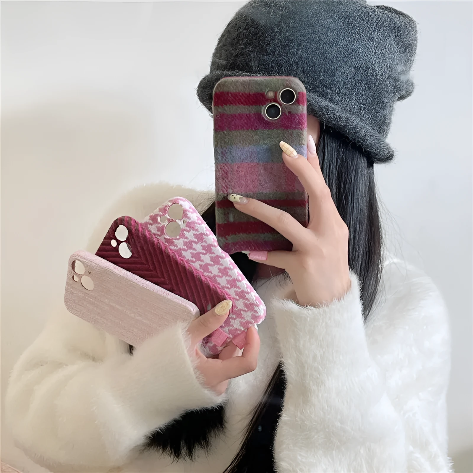 Pink houndstooth patterned TPU drop-resistant phone case for iPhone models