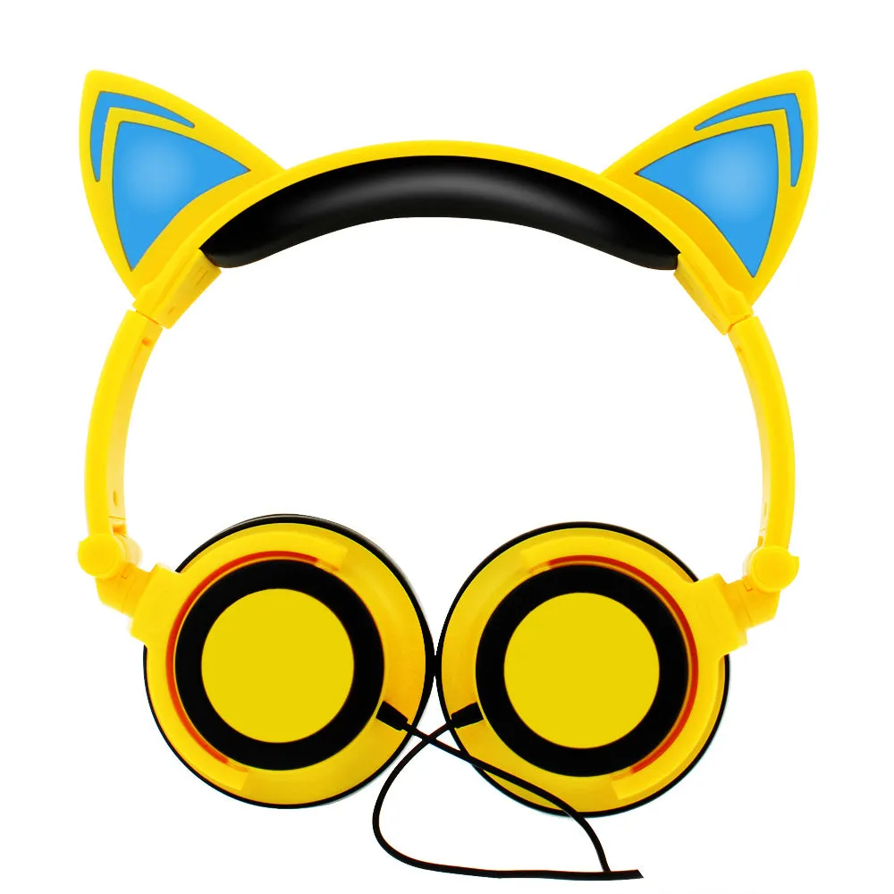 Colourful LED cat ear headphones with illuminated ears and cushions on a dark background.