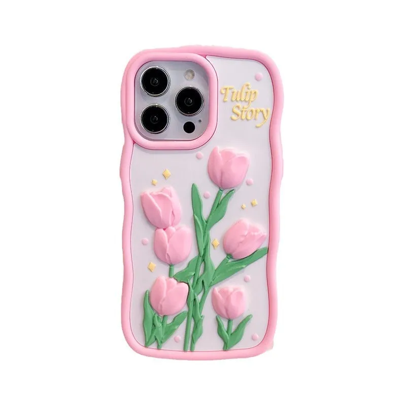 3D tulip silicone phone case for iPhone with frosted finish and raised floral design, pink colour