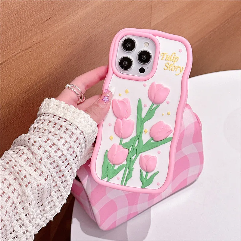 3D tulip silicone phone case for iPhone with frosted finish and raised floral design, pink colour