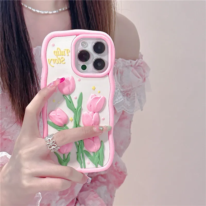 3D tulip silicone phone case for iPhone with frosted finish and raised floral design, pink colour