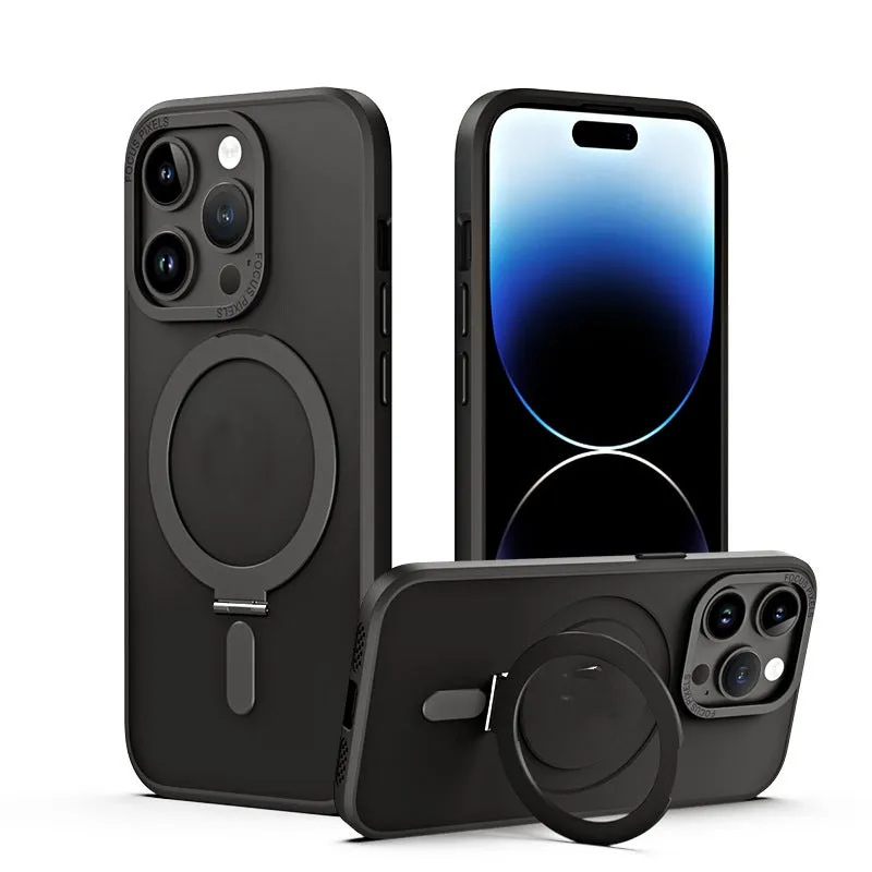 Magnetic charging phone case holder with invisible bracket for iPhone 11-15, black TPU PC sleeve