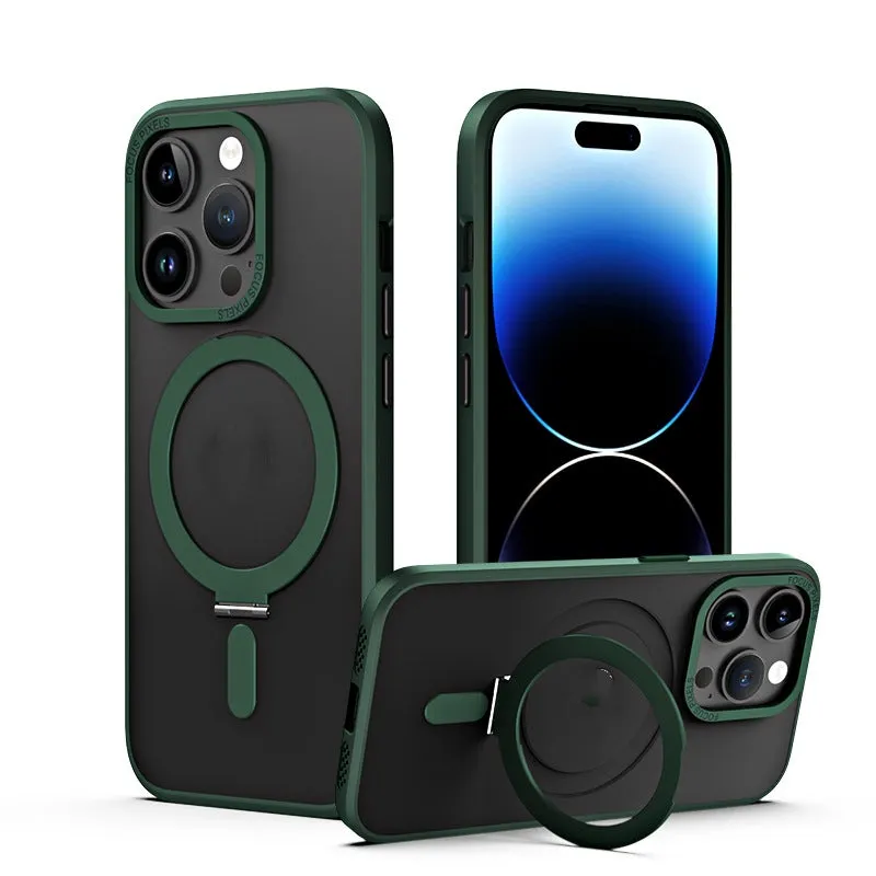 Magnetic charging phone case holder with invisible bracket for iPhone 11-15, black TPU PC sleeve