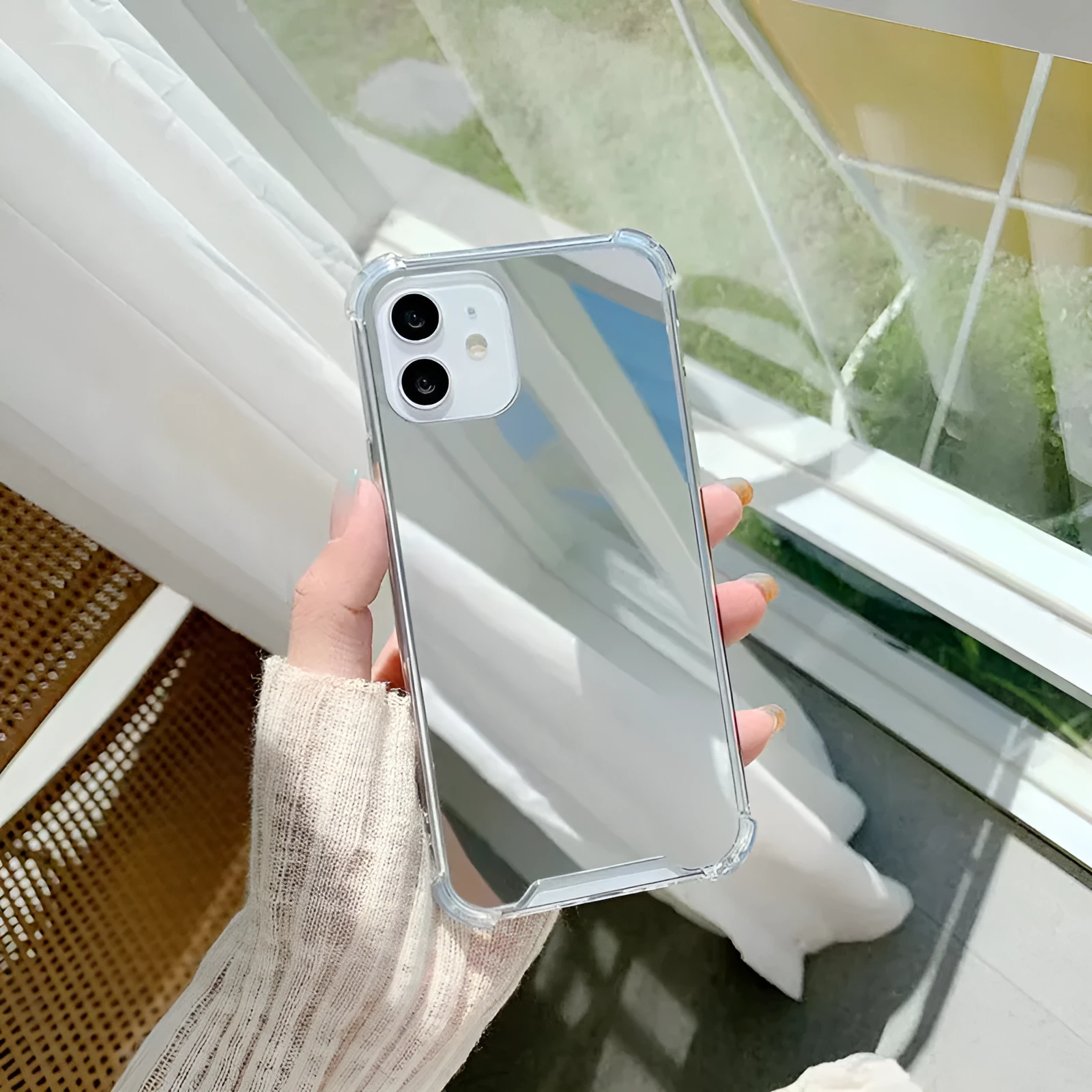 New mirror phone case drop-resistant full cover transparent painted TPU protective case for iPhone shown on white background