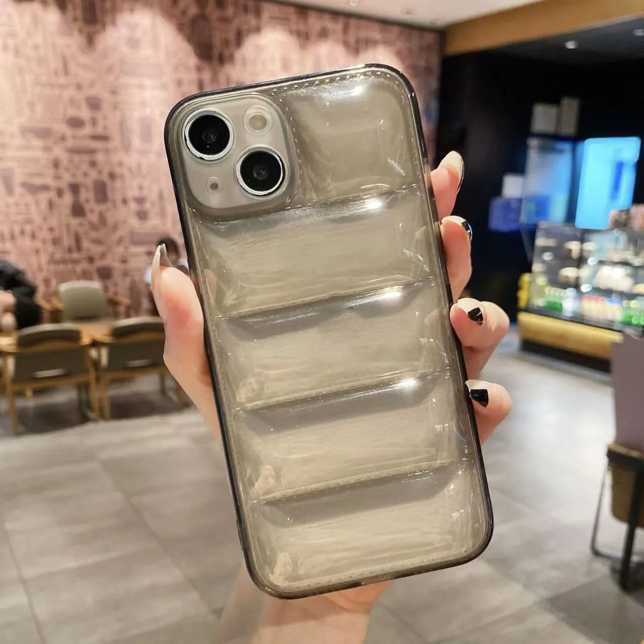 Transparent purple down jacket texture TPU phone case with fine hole cutouts for iPhone